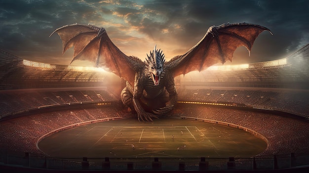 Un dragon sur un stade avec un ciel nuageux