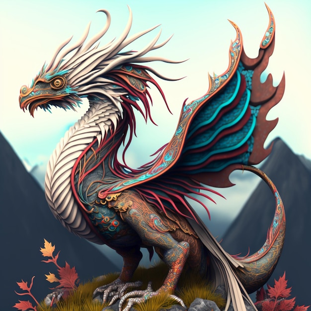 Un dragon avec une tête et des ailes bleues et blanches est sur une colline.