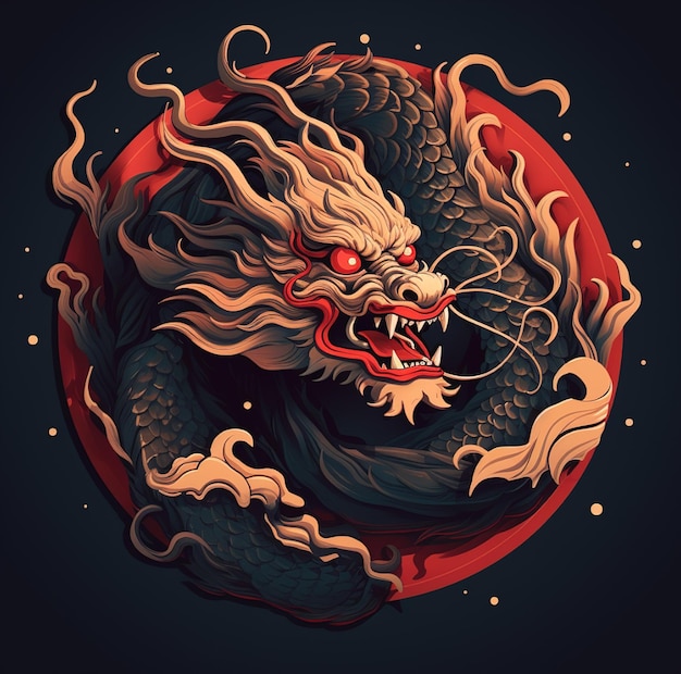 un dragon avec une tête et des cornes rouges est représenté dans un cercle rouge.