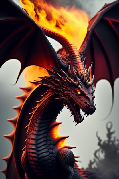 Photo un dragon avec une tête rouge et une tête noire avec une flamme rouge dessus.