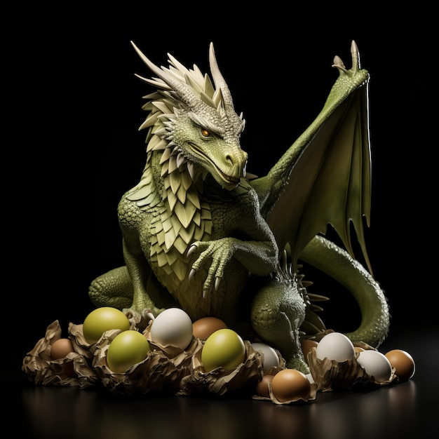 Un dragon vert assis sur une pile d'œufs.