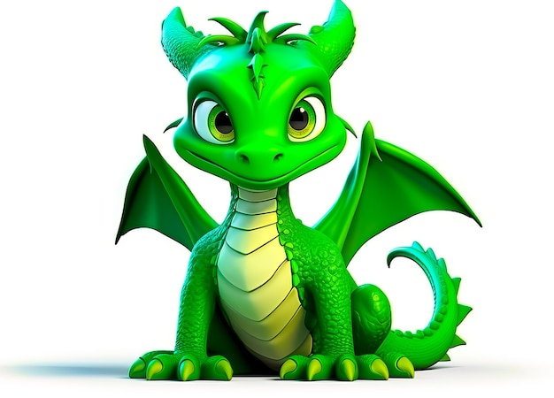 Un dragon vert assis sur le sol avec les yeux grands ouverts et les yeux grand ouverts AI générative