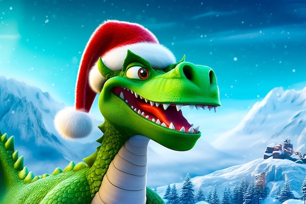 Dragon vert avec un chapeau de Père Noël sur la tête et une montagne enneigée en arrière-plan AI générative