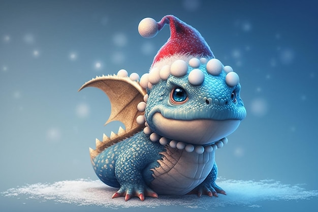 Un dragon vert avec un chapeau rouge et une neige Generative Ai