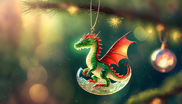 Photo un dragon vert avec une crinière rouge émerge d'une coquille d'œuf la veille de noël et la veille du nouvel an.