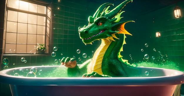 Photo un dragon vert dans une baignoire avec des bulles de savon.