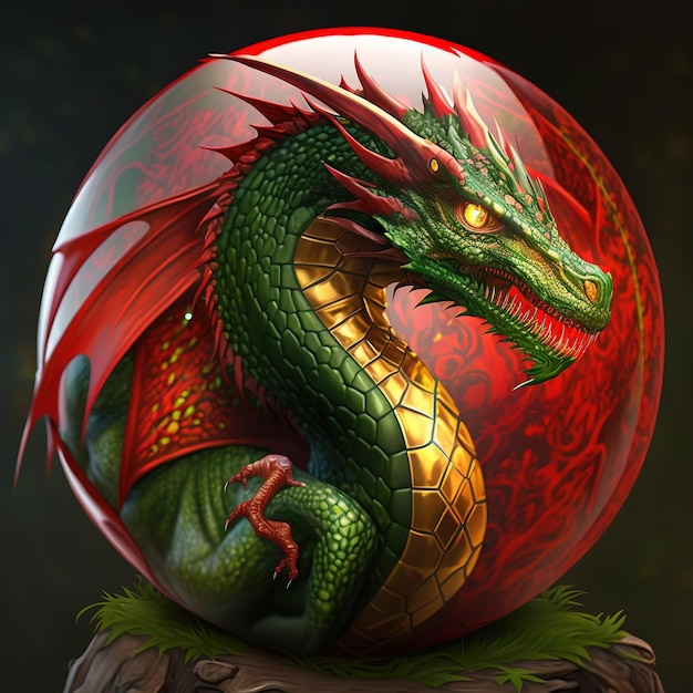 Un dragon vert avec un dragon rouge sur la tête est assis sur un rocher.