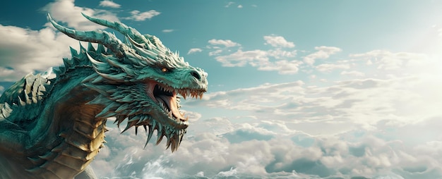 Dragon vert sur fond d'un ciel d'aube avec des nuages ??espace pour le texte avec un souhait de bonheur