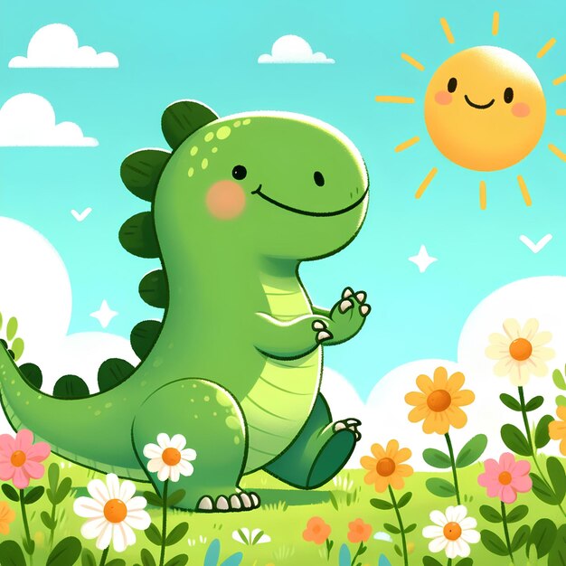 Un dragon vert heureux avec beaucoup de fleurs.