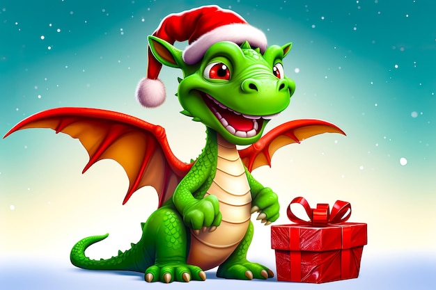 Un dragon vert portant un chapeau de Père Noël à côté d'une boîte à cadeaux rouge AI générative