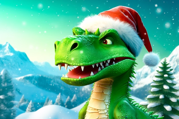 Dragon vert portant un chapeau de Père Noël dans une scène de montagne enneigée avec un bonhomme de neige AI générative