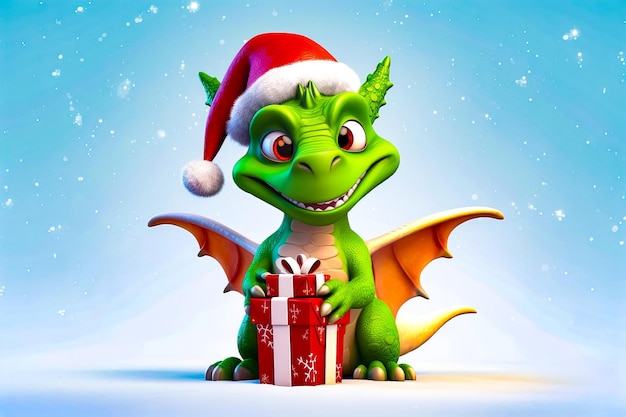 Un dragon vert portant un chapeau de Père Noël tenant un cadeau dans ses pattes AI générative