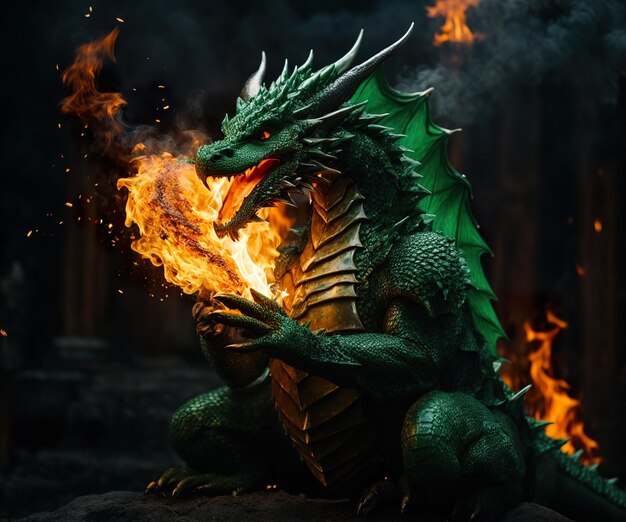 Photo le dragon vert souffle du feu en forme de cœur. une flamme en forme de coeur est générée.