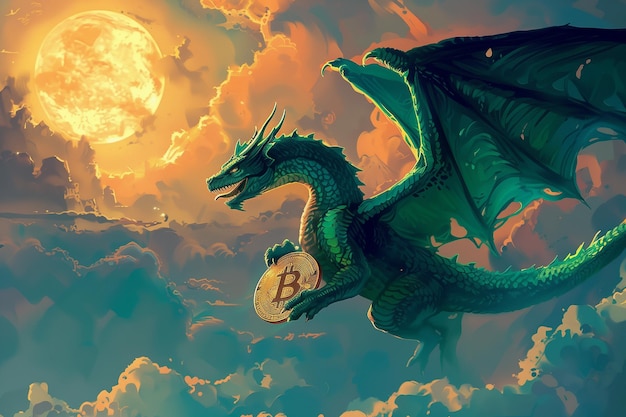 dragon vert volant avec une pièce de crypto-monnaie dans les pattes symbole de richesse 2024