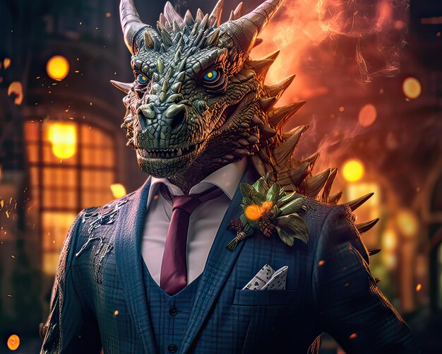 Dragon vêtu d'un costume moderne et élégant se présente comme un chef à succès et un gentleman confiant.