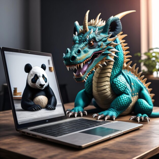 Un dragon en vidéo appel à un panda