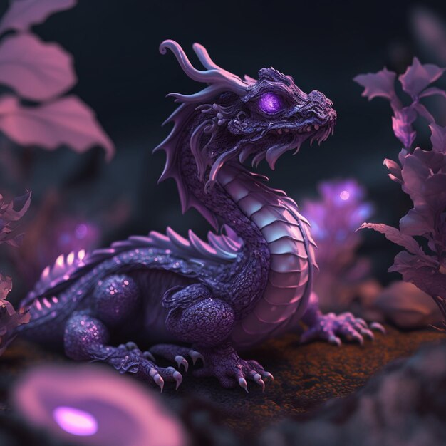 Photo dragon violet assis sur un rocher dans un champ de fleurs ai générative