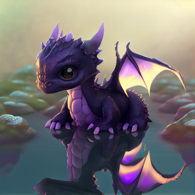 Un dragon violet est assis sur l'eau avec le nom de dragon dessus.