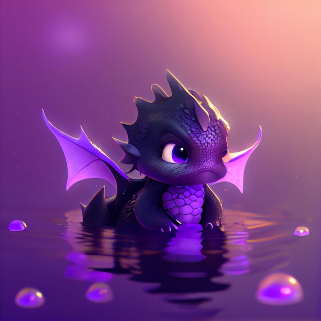 Un dragon violet flotte dans l'eau avec des ailes sur la tête.