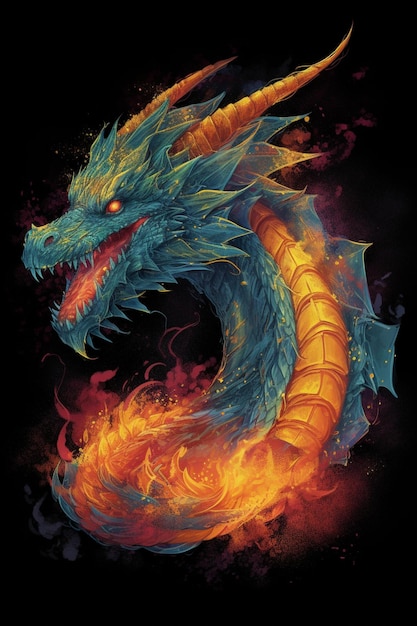 Un dragon avec un visage bleu et un visage jaune est entouré de flammes.