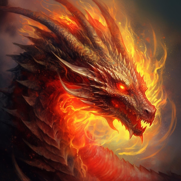 Un dragon avec un visage de feu et le mot feu dessus