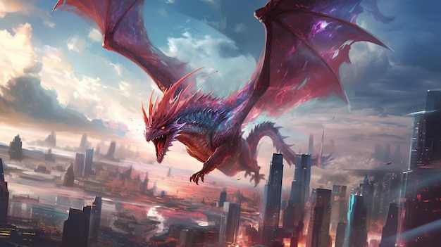 Un dragon volant au-dessus d'une ville futuriste Concept fantastique Peinture d'illustration AI générative