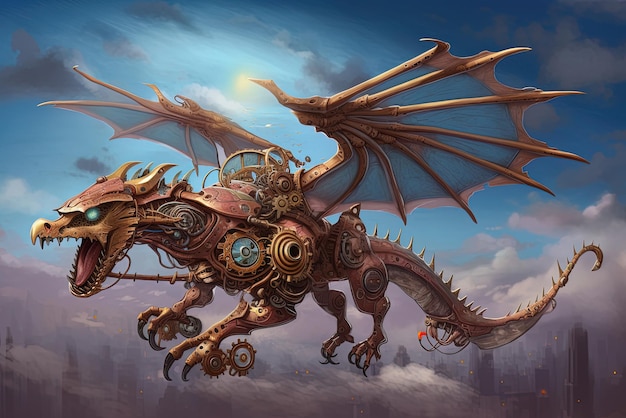 Un dragon volant dans le ciel avec une horloge dessus.