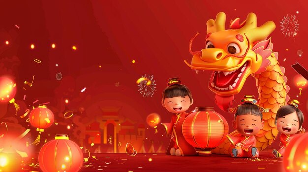 Dragons et enfants avec des lanternes célébrant le Nouvel An chinois sur un fond rouge