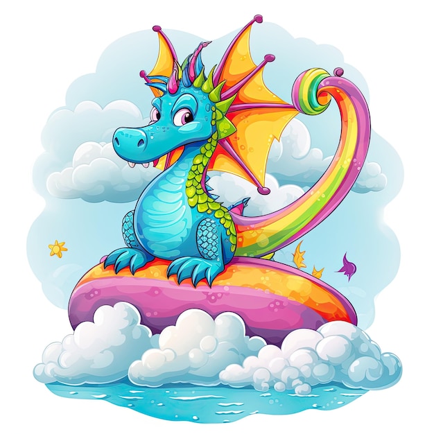 Dragons mythiques sur la collection de nuages Dessin animé bébé dragon coloré avec des nuages Conception de dessin animé mignon bébé dragon Dragons colorés assis sur des nuages scénographie pour les enfants pages à colorier générées par AI