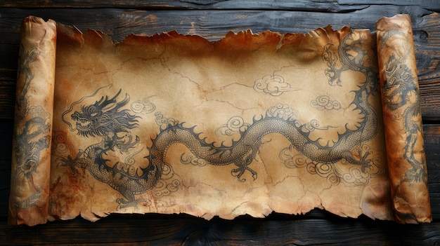 Les dragons ornementaux sur ce vieux rouleau de papier sont une illustration