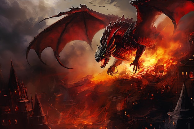 Dragons volant château de la ville à l'arrière-plan dense fumée rouge