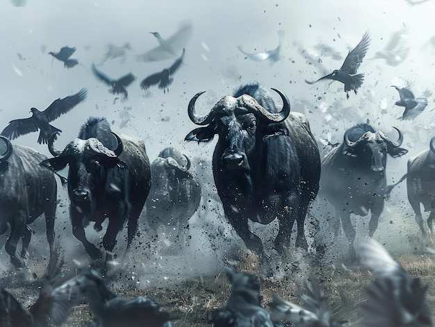 Photo la dramatique ruée des buffles sauvages dans la poussière avec les oiseaux volants dans un paysage mystérieux et humeurux