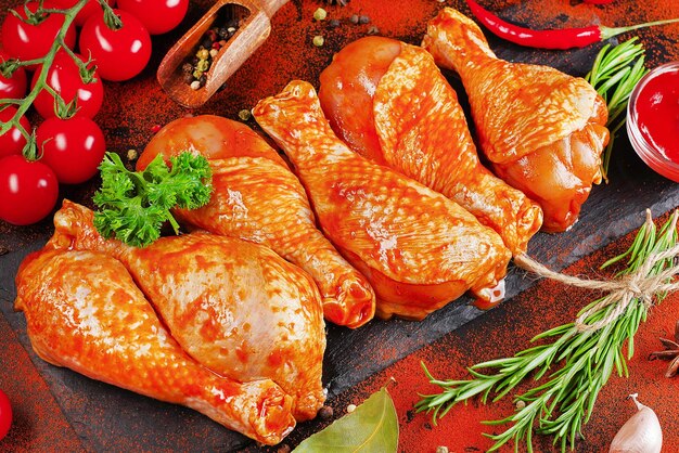 Dramstik de poulet mariné au barbecue sur une planche de cuisson noire avec des feuilles de romarin frais