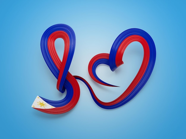 Photo drapeau 3d des philippines drapeau de ruban de sensibilisation ondulé en forme de coeur sur fond bleu illustration 3d