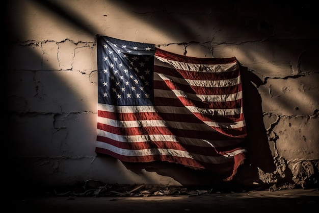 Un drapeau accroché au mur avec le mot usa dessus