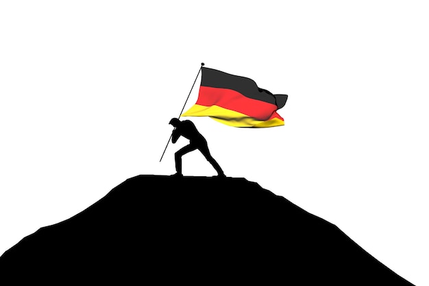 Drapeau de l'Allemagne poussé au sommet de la montagne par une silhouette masculine rendu 3D