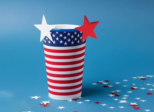 Photo drapeau américain et accessoires étoiles dans le gobelet jetable sur fond bleu ai générative