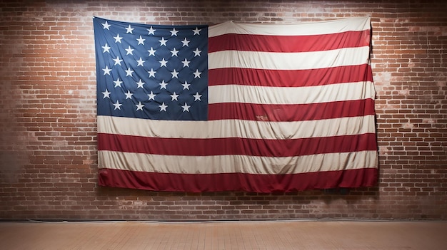 Photo drapeau américain accroché au mur de briques rouges et au mur blanc d'une pièce drapeau américain suspendu au mur rouge