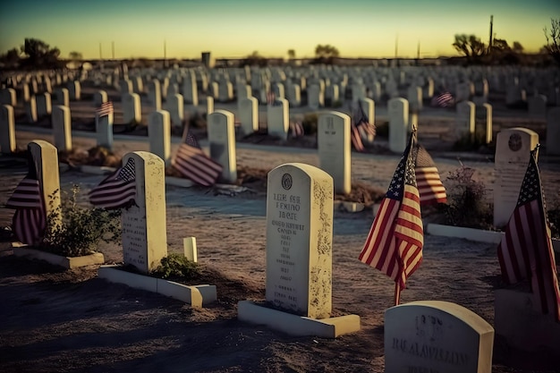 Drapeau américain agitant à côté d'une tombe au cimetière et mémorial américain Réseau de neurones généré par l'IA