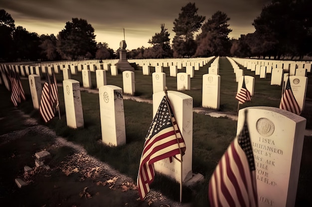 Drapeau américain agitant à côté d'une tombe au cimetière et mémorial américain Réseau de neurones généré par l'IA