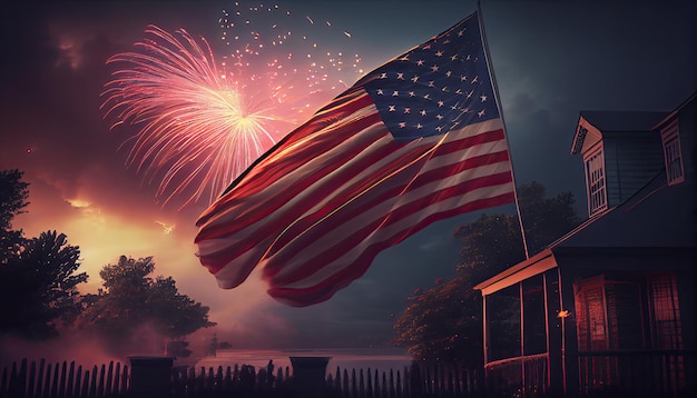 Drapeau américain agitant dans les airs avec feux d'artifice et vue sur la scène nocturne du 4 juillet concept Jour de l'Indépendance pour la révolution du 4 juillet