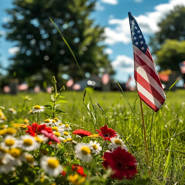 Le drapeau américain au milieu d'un champ de fleurs.