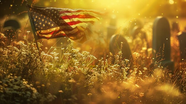 Un drapeau américain dans un cimetière avec un fond flou Joyeux Memorial Day