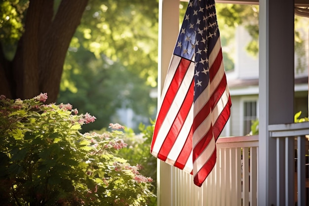 Un drapeau américain est suspendu sur la terrasse de la maison