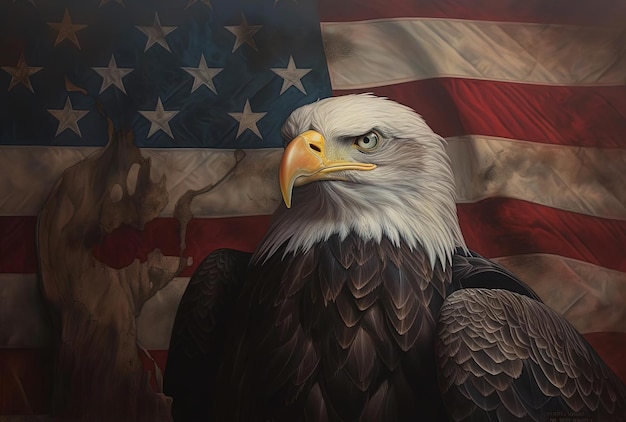 un drapeau américain est en vue avec un pygargue à tête blanche dans le style du portrait photoréaliste