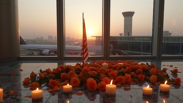 Le drapeau américain et les fleurs commémoratives au coucher du soleil