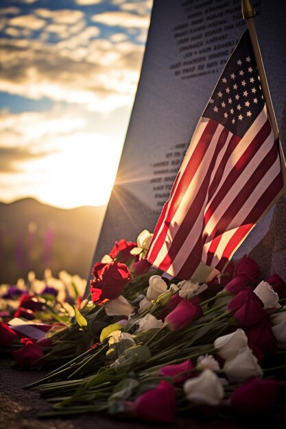 Photo drapeau américain et fleurs à la tombe du soldat inconnu