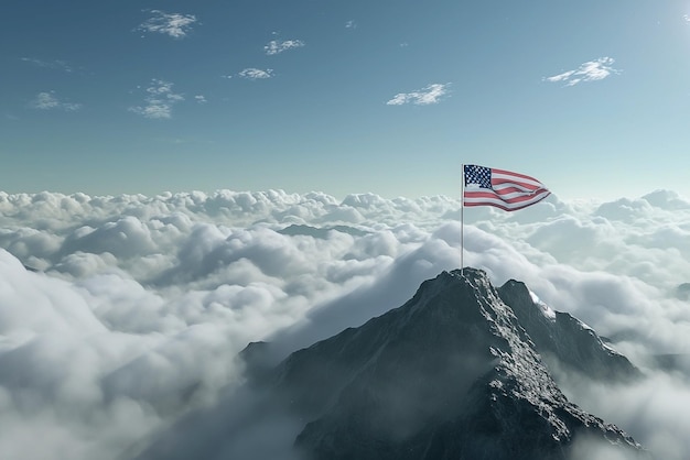 Un drapeau américain flottant au sommet d'une montagne avec des nuages et des montagnes