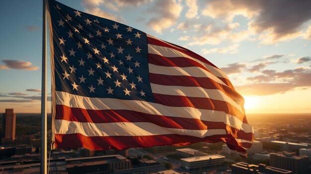 Drapeau américain flottant Un grand toit de bâtiment élevé et célèbre la liberté avec le drapeau américain Le motif d'étoile patriotique symbolise la fierté et l'unité américaines