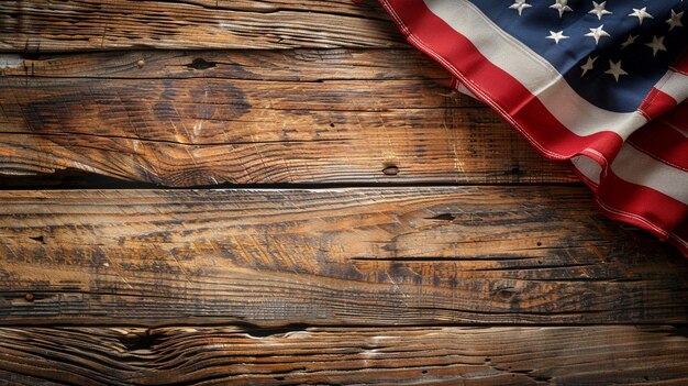 Photo drapeau américain sur fond de bois